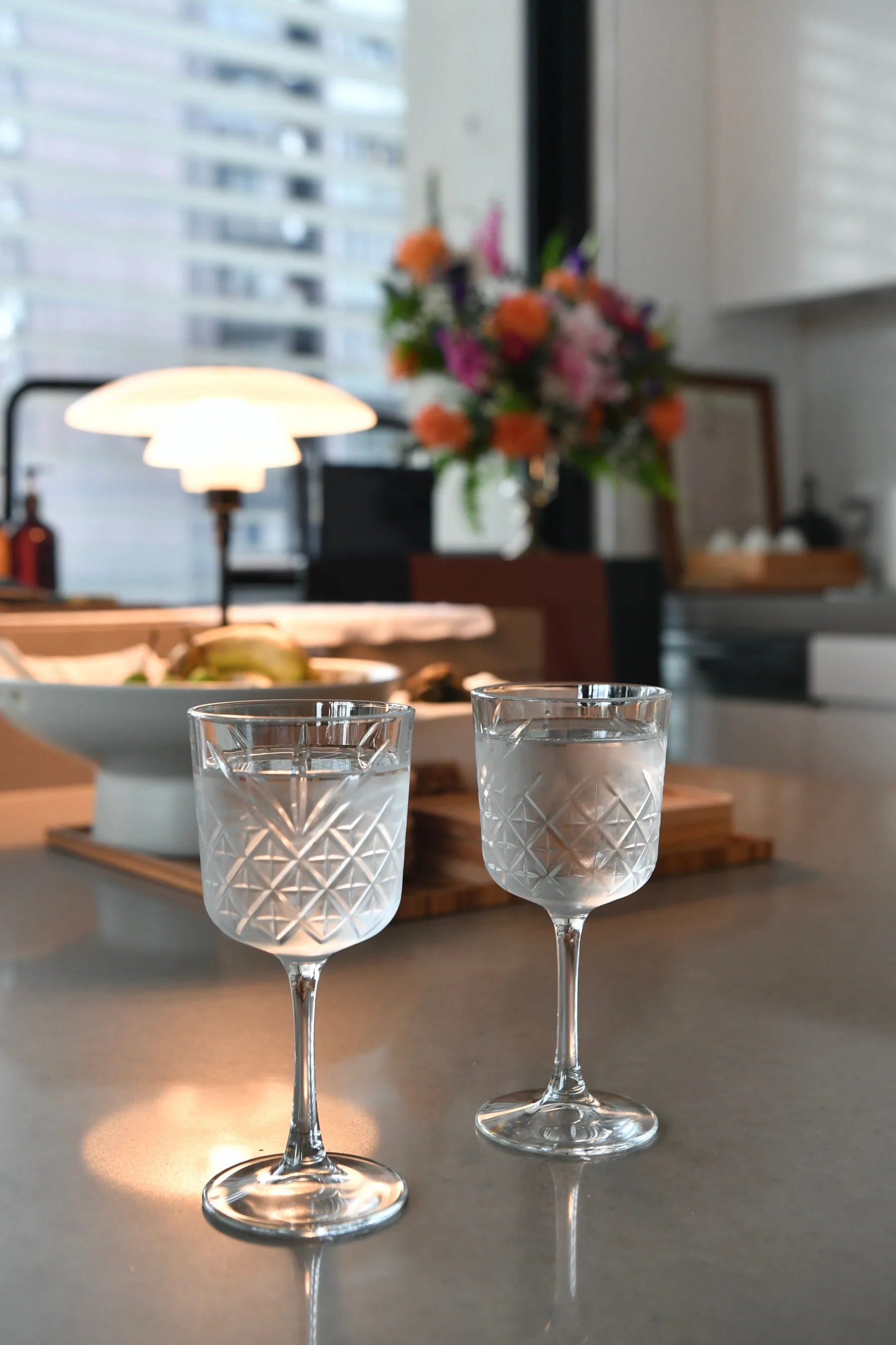 Two glasses of water in a modern kitchen